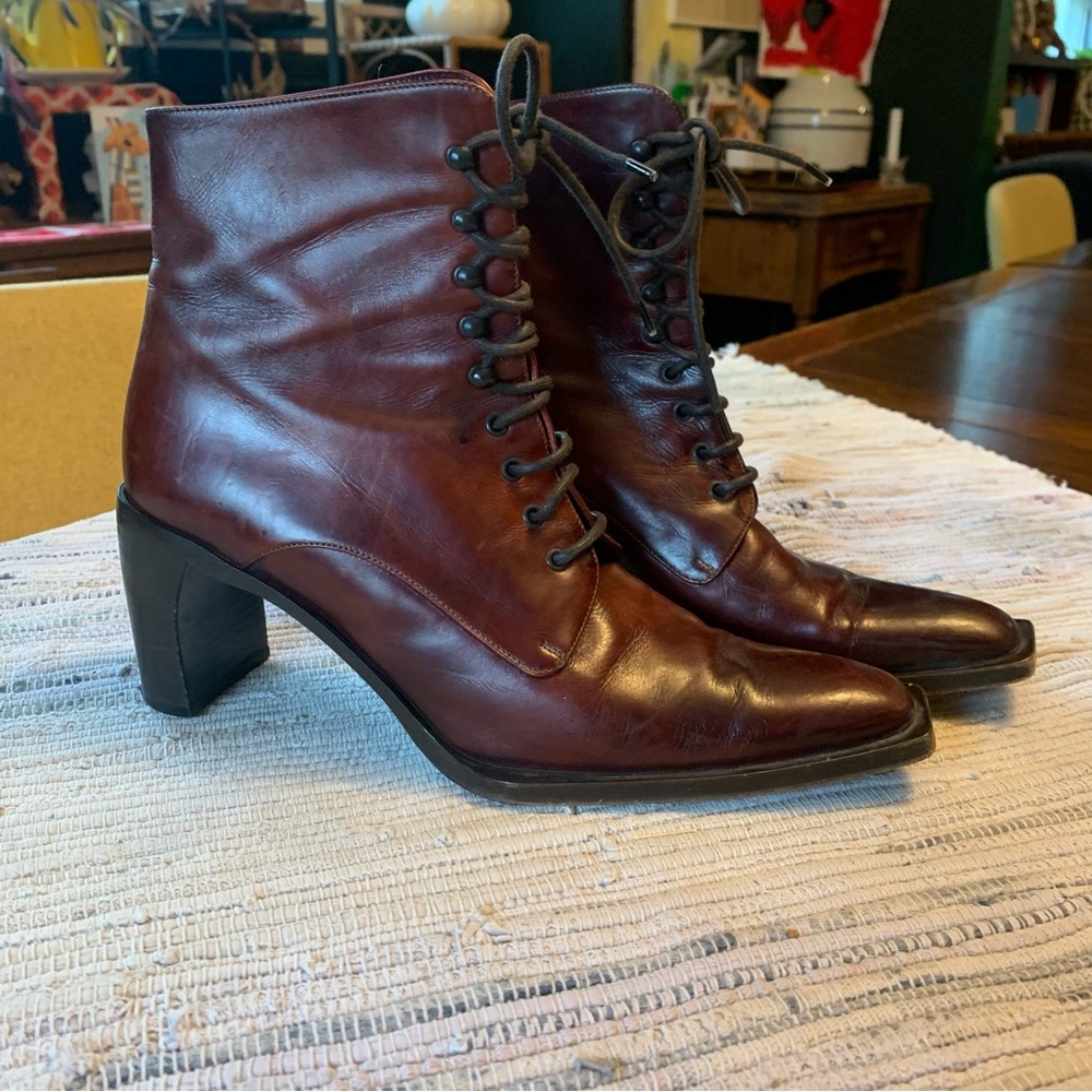 Vintage 100% Leather Brown Lace Up Victorian Edwardian Heeled Boots 8.5